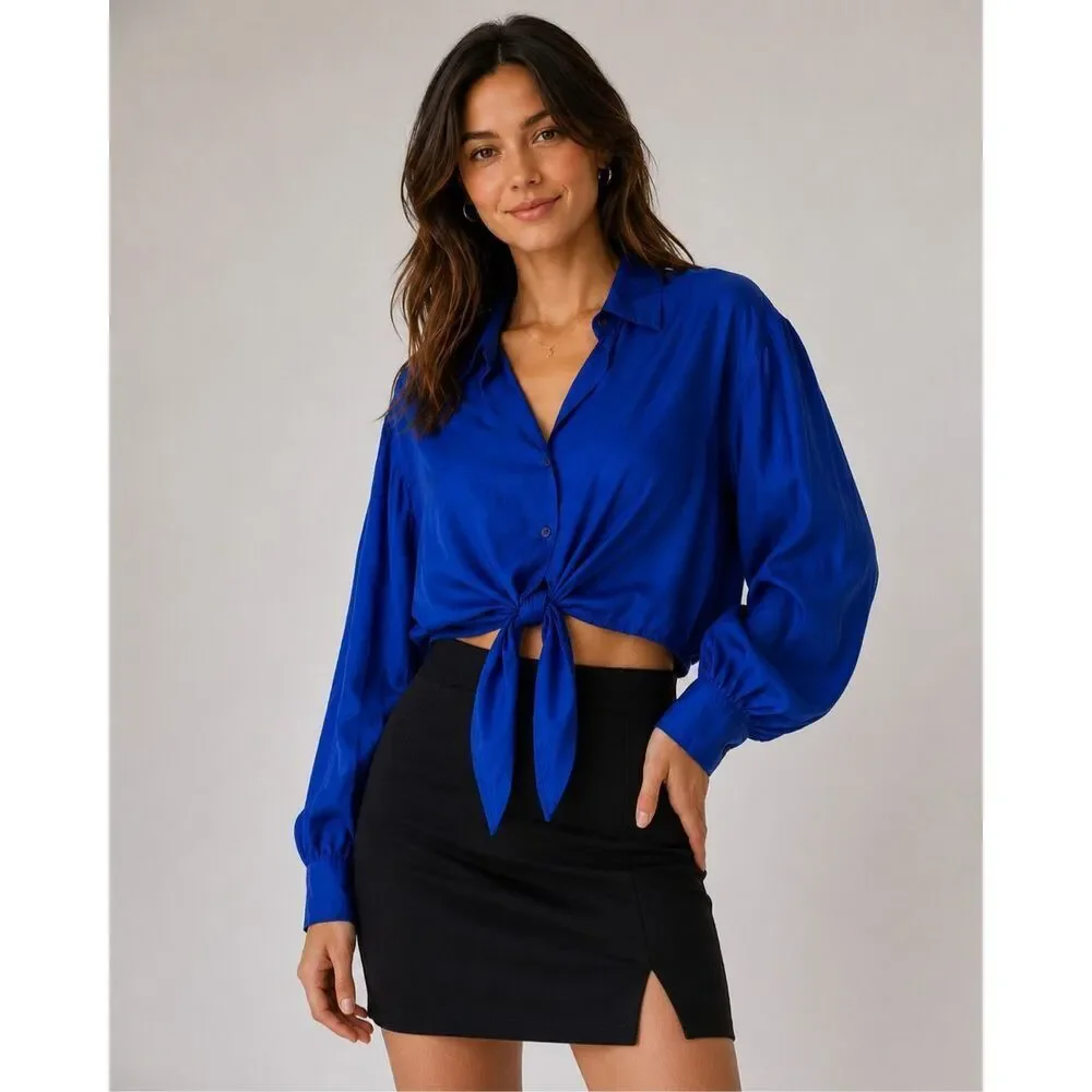 Brannan Street 100% Silk Tie Front Blouse Cobalt Blue Women’s Medium